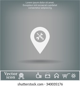 screwdriver and wrench on map pointer.vector illustration.