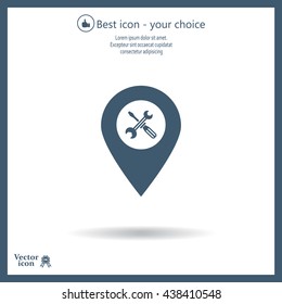 screwdriver and wrench on map pointer.vector illustration.