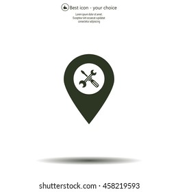 screwdriver and wrench on map pointer.vector illustration.