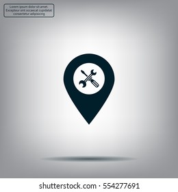 screwdriver and wrench on map pointer.vector illustration.