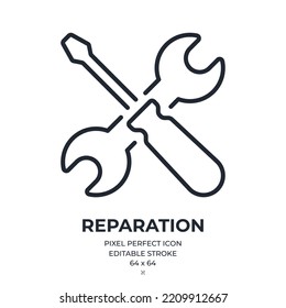 Screwdriver and wrench repair concept editable stroke outline icon isolated on white background flat vector illustration. Pixel perfect. 64 x 64.