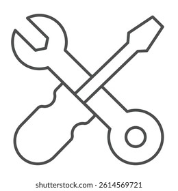 Screwdriver with wrench thin line icon, repair service concept. Vector graphics. Repair tools sign on white background, linear style icon for mobile or web design