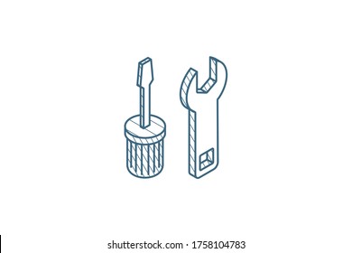 screwdriver, wrench tool, setup, settings isometric icon. 3d vector illustration. Isolated line art technical drawing. Editable stroke