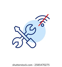 Screwdriver and wrench tools, no wi-fi symbol. Offline maintenance, settings and support. Pixel perfect, editable stroke vector icon