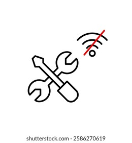 Screwdriver and wrench tools, no wi-fi symbol. Offline maintenance, settings and support. Pixel perfect, editable stroke vector icon