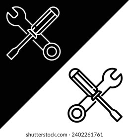 Icono de vectores de destornillador y llave, icono de estilo lineal, de la colección de iconos Trabajar en progreso, aislado en fondo negro y blanco.