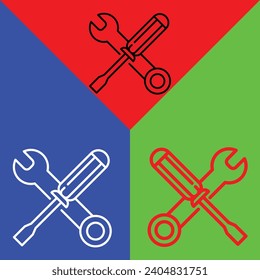 Screwdriver and wrench Vector Icon, Lineal style icon, from Work in Progress icons collection, isolated on Red, Blue and Green Background.