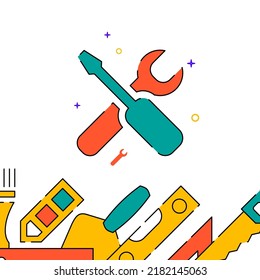 Screwdriver and wrench work tool filled line vector icon, simple illustration, related bottom border.
