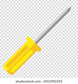 Screwdriver with a yellow handle, work, labor, construction, husband for an hour, flat design, simple image, cartoon style. Specialized tools concept. Vector line icon for business and advertising