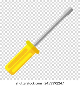 Screwdriver with a yellow handle, work, labor, construction, husband for an hour, flat design, simple image, cartoon style. Specialized tools concept. Vector line icon for business and advertising