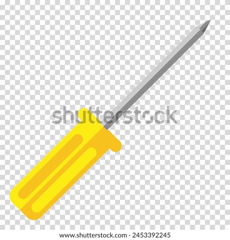 Screwdriver with a yellow handle, work, labor, construction, husband for an hour, flat design, simple image, cartoon style. Specialized tools concept. Vector line icon for business and advertising