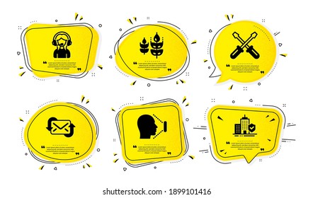 Guión, Face id y Actualizar iconos de correo simple conjunto. Burbujas de habla amarilla con efecto de punto. Gluten gratis, carteles de seguro de apoyo y apartamento. Vector