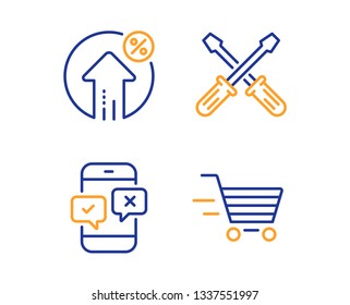 Screwdriverl, Phone survey and Loan percent icons simple set. Delivery shopping sign. Repair tool, Mobile quiz test, Growth rate. Online buying. Business set. Linear screwdriverl icon. Vector