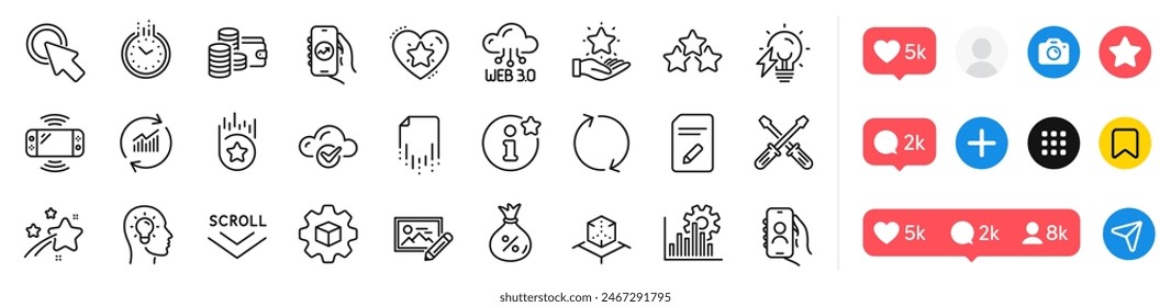 Schraubendreher, Benutzeraufruf und Ranking Sterne Line Icons Pack. Social-Media-Symbole. Aktualisieren, Aktualisiere Daten, Time Web-Symbol. Strombirne, Treueprogramm, Wiederherstellungsdatei Piktogramm. Vektorgrafik