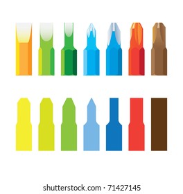 Screw-drivers bit in line isolated - colored and silhouette illustration