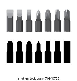 Screw-drivers bit in line isolated - realistic and silhouette illustration