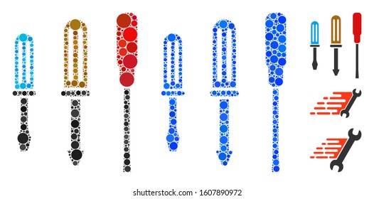 Screwdrivers composition of small circles in different sizes and shades, based on screwdrivers icon. Vector small circles are composed into blue illustration.