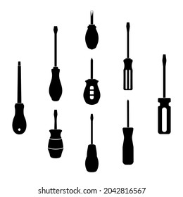 Screwdrivers with different handle shapes, sizes, black tips on a white background. A vector image.