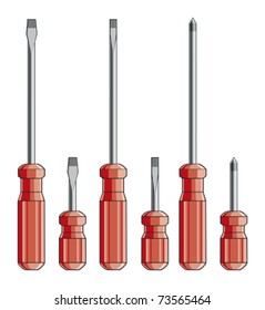 Screwdrivers is an illustration of six screwdrivers. Both flat and phillips head are included. Two color vector format is easily edited or separated for print and screen print