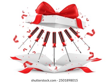 Screwdrivers inside open gift box with red ribbon and bow. Gift concept. Metal tools for Home Repairs and Mechanical Work. Realistic 3d vector illustration isolated on white background