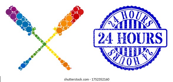 Screwdrivers mosaic icon of circle elements in various sizes and spectrum multicolored color tones. Blue round textured seal stamp with 24 Hours text. A dotted LGBT- colored screwdrivers for lesbians,