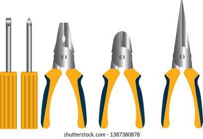 SCREWDRIVERS PLIERS TOOLS WITH YELLOW AND BLUE DRESSING, VECTOR WITH METAL GRADIENT