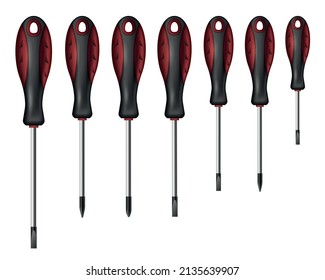 Screwdrivers realistic set with redecoration and repait symbols isolated vector illustration