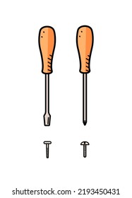 Screwdrivers and screws, a set of doodle construction tools, vector illustration on white