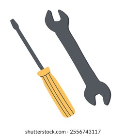 Screwdrivers set, Phillips screwdriver, Flat screwdrivers, Long and Short screwdrivers,  Adjustable spanner free construction and tools icon, vector hand drawn illustration.