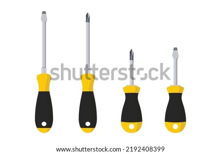 Screwdrivers set, Phillips screwdriver, Flat screwdrivers, Long and Short screwdrivers vector illustration