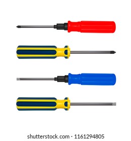 Screwdrivers in a vector on a white background.Multi-colored screwdrivers in vector.Screwdrivers with plastic handles vector illustration.