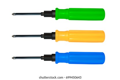 Screwdrivers in a vector on a white background.Multi-colored screwdrivers in vector.Screwdrivers with plastic handles vector illustration.