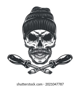 Screwdrivers and worker mustached skull in beanie hat in vintage style isolated vector illustration