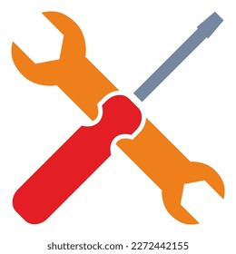 screwing tools, wrench and screwdriver, vector icon, symbol, orange and red colors