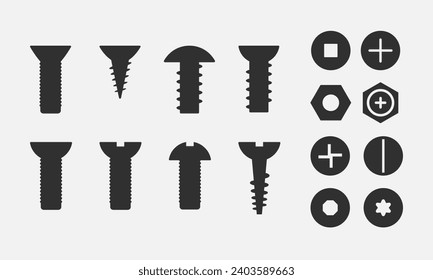 Screws black icon. Bolt, nut, wall plug. Vector