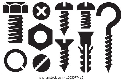 Screws, bolt, nut, wall plug, washer spring, hook, nails and rivets isolated on white background. Vector sign and illustration.