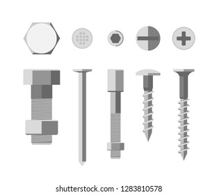 Screws and bolts. Flat illustration of metallic fixing elements.