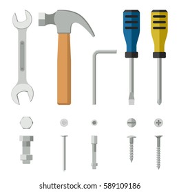 Screws, bolts and hand tools flat icons. Construction equipment and fixing.