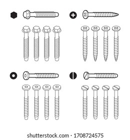 Screws, bolts isolated on white background. Vector isometric outline illustration