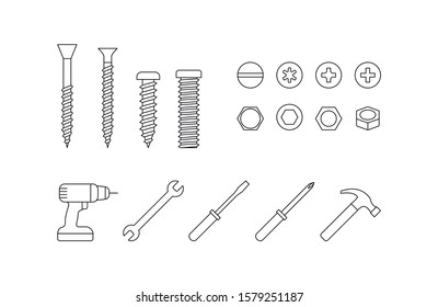 Screws, bolts, nails, repair tools icons set