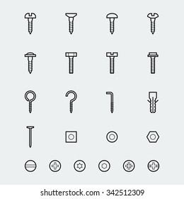 Screws, bolts and nuts icon set in linear style