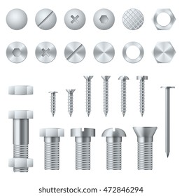 Screws, bolts, nuts, nails and rivets for fastening and fixing. Vector illustration design elements