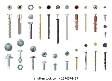 Screws and bolts realistic set, workshop and repair elements. Headed fasteners repair element. Vector illustration on white background