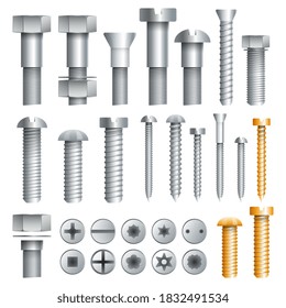 Screws and bolts set. Isolated steel screws, bolts with heads, nuts icons. Realistic metal hardware tools collection. Industrial construction fasteners vector illustration