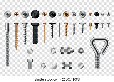 Screws bolts and tools assortment realistic transparent set isolated vector illustration