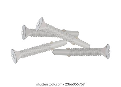 Screws isolated on white background. Pile of self-tapping. Metal screw. Heap of bolts or parts.  Stock vector illustration