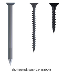 Screws and nails. Set. Vector illustration. Isolated objects.
Steel screws, construction nails.