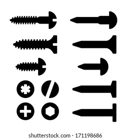 Screws, nuts and nails icons set