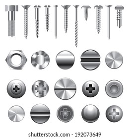 Screws, nuts and rivets icons detailed vector set
