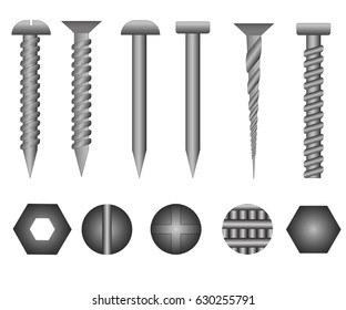 Screws, nuts and rivets icons detailed vector set